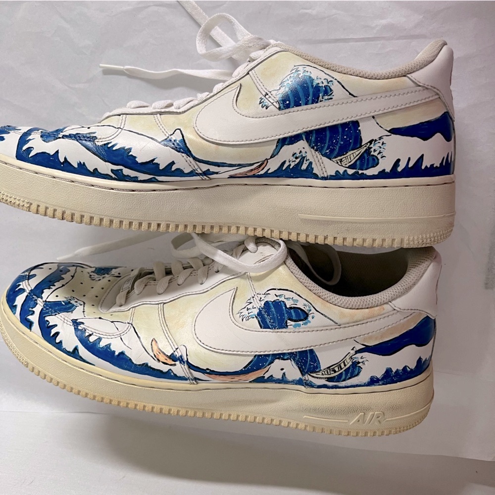 Nike Air White and Blue Ocean Waves Great Wave Custom Drawn Sneakers - Picture 6 of 14